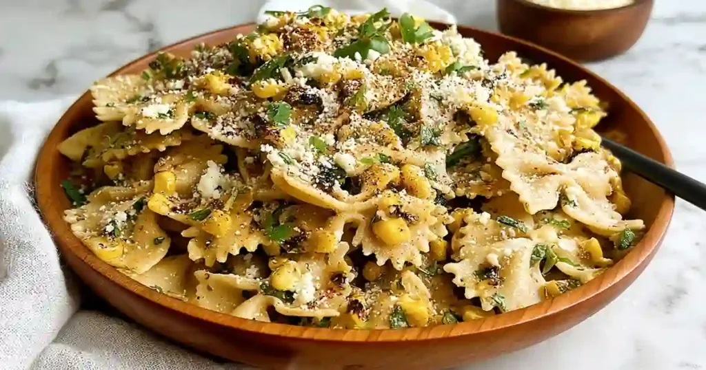 Elote Pasta Salad Recipe 1 Bowl of Elote Pasta Salad with corn, feta cheese, cilantro, and creamy dressing